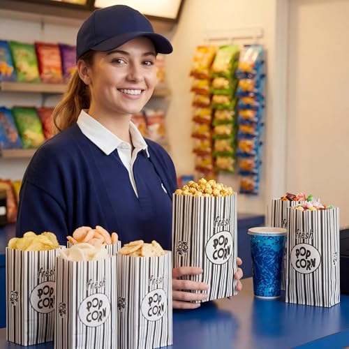 Image of Thenshop 200 Pcs Paper Popcorn Bags Flat Bottom 2 oz Disposable Film Individual Servings Oil Resistant Leak Proof Container Vintage Retro Black and White Popcorn Sleeves Bags