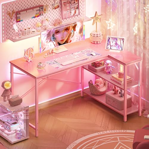 Huuger L Shaped Desk, 47 Inches Computer Desk with Reversible Storage Shelves, Gaming Desk, Corner Desk Home Office Desks, Writing Study Desk with Metal Frame, Pink