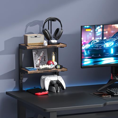 Image of 2-Tier Desk Shelf Desk Organization, Wood | Expandable Under Desk Storage Clamp on Desk Shelf Desktop Accessories for Offices Study Rooms and Game Rooms