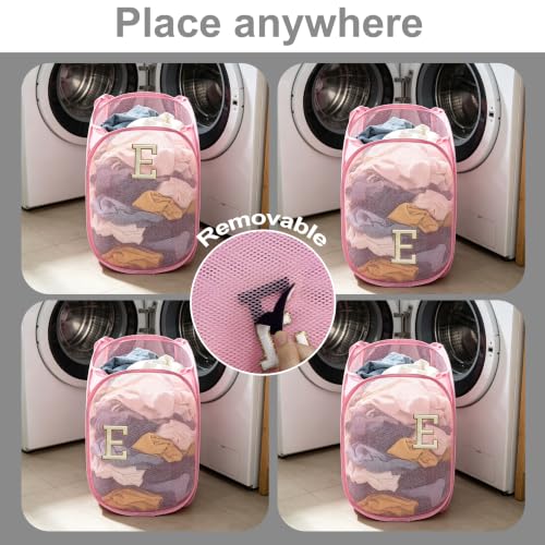 Image of Collapsible Pop Up Laundry Hamper, Extra Large with Removable Initial Letter E, Mesh Foldable Laundry Basket, 28 inch x 16 inch x 16 inch (Pink)