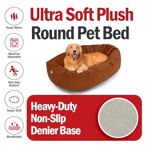 Image of Majestic Pet Suede Shredded Memory Foam Mix Calming Dog Bed Washable - Cozy Soft Round Dog Bed with Spine for Head Support - Fluffy Donut Dog Bed, 40 Inch, Rust