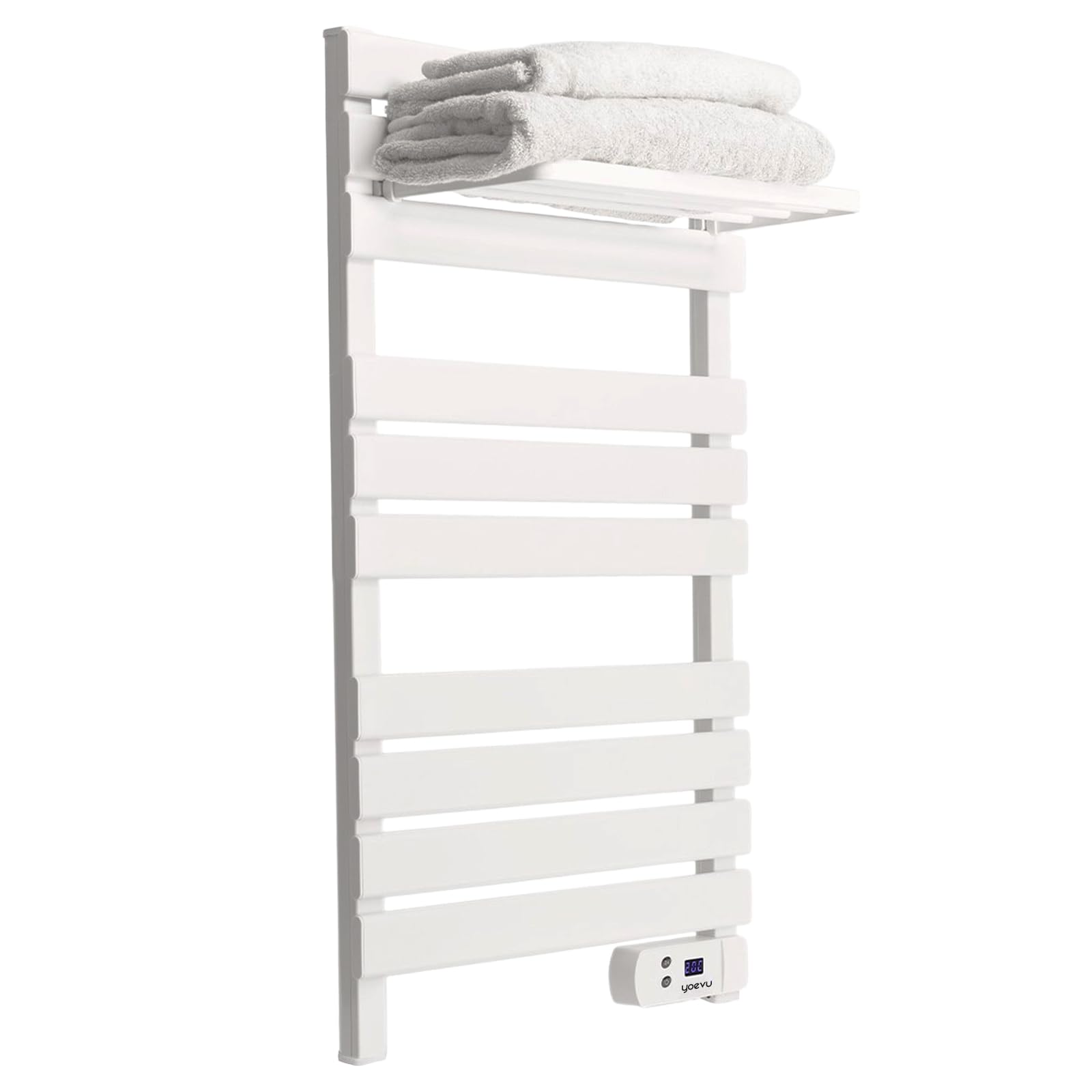 YOEVU | Radiador toallero eléctrico | Blanco, con Estante, 500W, aleación de Aluminio | 2 Modos, Temporizador LED, Montaje en Pared | Calienta y Seca Toallas, bajo Consumo