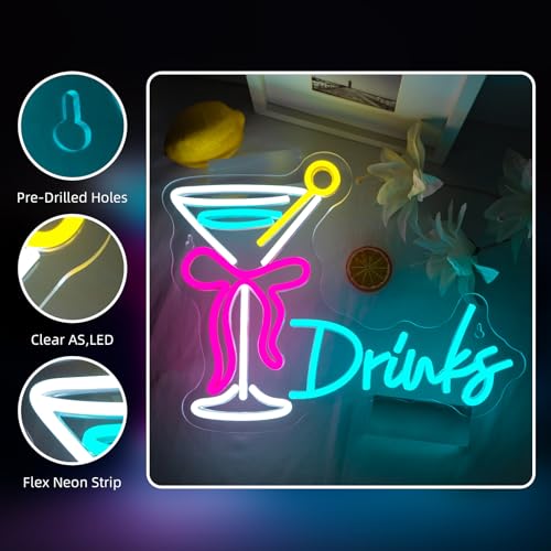 Image of Drink Bow Cocktail Glass Neon Sign LED Neon Light Up Sign for Wall Home Decor Bedroom Business Club Party Bars Shop USB Powered Really Pretty Neon Decor