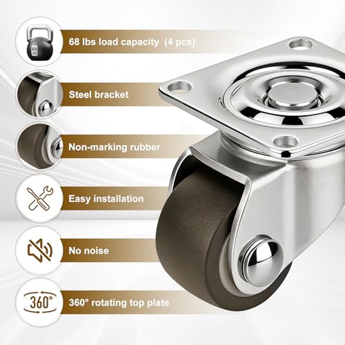 8 Pack Mini Caster Wheels 1/2 Inch, 360° Swivel Low Profile Plate Casters with Self-Adhesive Paste, Silent Rubber Little Sticky Wheels for Small Furniture & Appliances, DIY Light Projects