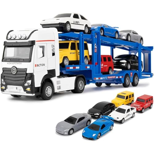 Image of 7-in-1 Die-Cast Carrier Truck Toy | Transporter Trailer with Lights, Sound & Pull-Back Action for Kids