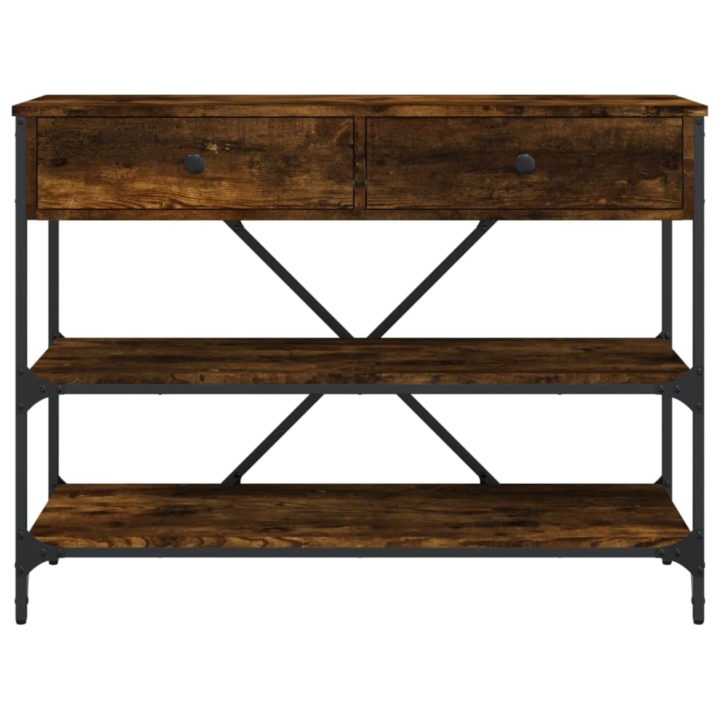 Mesa consola clásica de madera con estructura de acero, 2 cajones y estantes para almacenamiento, mesa auxiliar para salón y pasillo