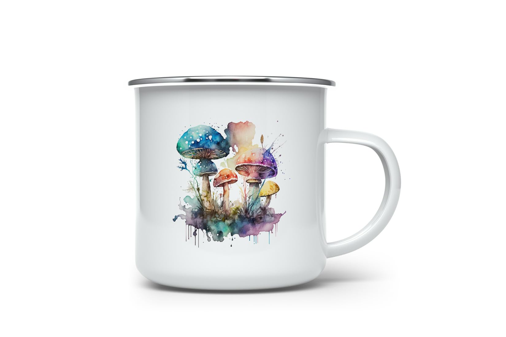 MAXIKIWI - Durable Enamel Coffee or Tea Camping Mug for Indoor Outdoor Use - Watercolor Mushrooms - 350ml