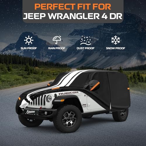 Image of Kayme Jeep Wrangler 4 Door JK JL Car Cover Waterproof All Weather | Custom Fit for Wrangler 4 Dr /Unlimited 4 Door JK JL (2006-2026), Gift with Tape /Towel, Outdoor Rain Snow Sun UV Protection.