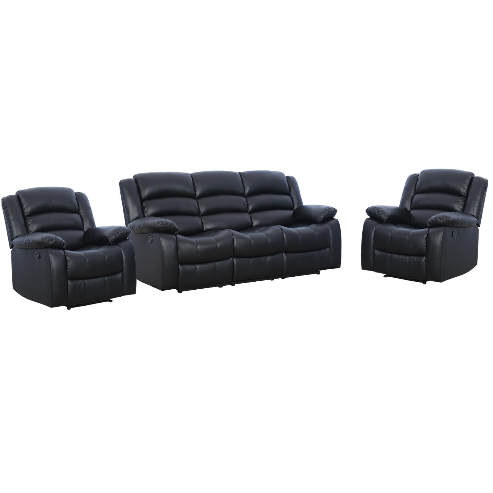 EBELLO Manual Recliner Sofa Set, Faux Leather Reclining Couch Furniture Set for Living Room, Includes 2 Recliner Chair and 1 3-Seater Reclining Couch for Home Theater and Office, Black view 7