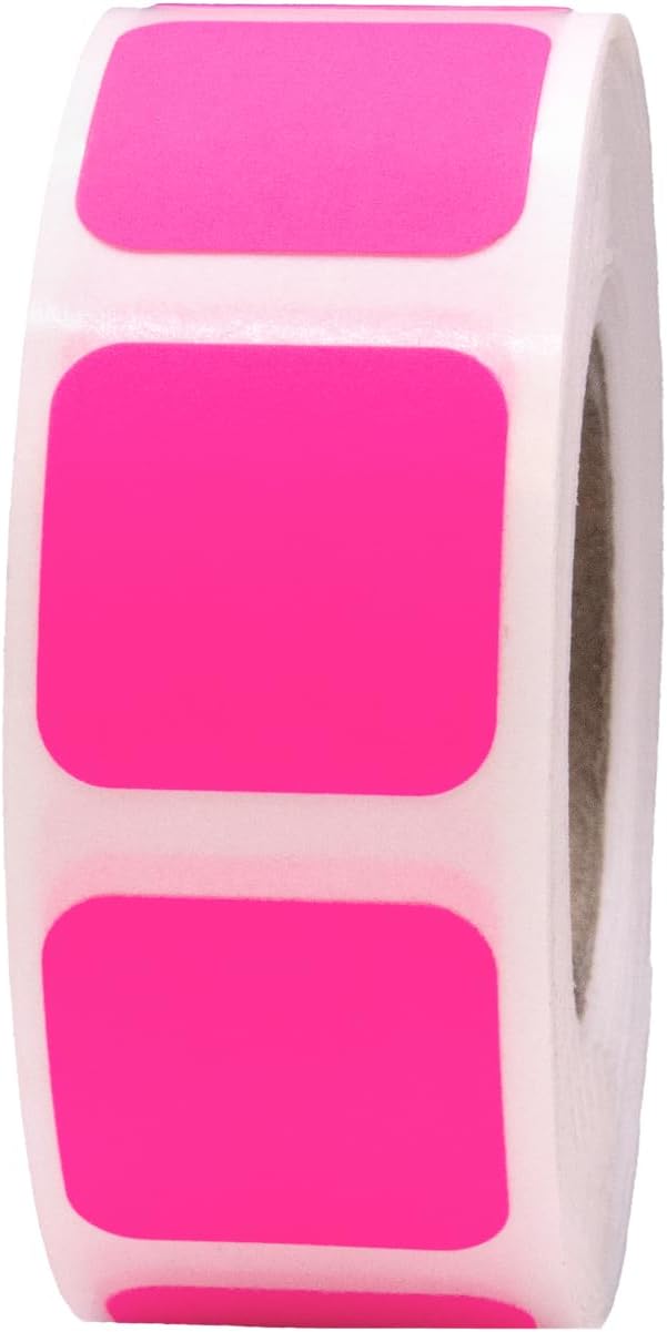 Fluorescent Red Square Color Coding Labels - 3/4 Inch Square Dots, 500 Total Adhesive Stickers on a Roll for Inventory and Organization - Made in the USA