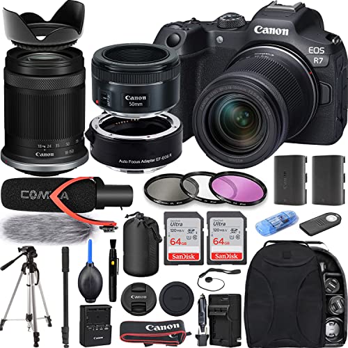 Camera Bundle for Canon EOS R7 Mirrorless Camera with RF-S 18-150mm f/3.5-6.3 is STM, EF 50mm f/1.8 STM Lens, EF-EOS R Lens Adapter + Extra Battery, Pro Microphone + Accessories Kit