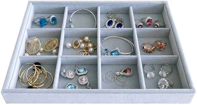 Image of Velvet Jewellry Drawer Organizer Stackable Tray (Grey, 12 Grid Grey)
