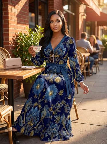 Image of SUZONANA Plus Size Dresses for Women Floral Print Maxi Dress Flowy 3 /4 Sleeve with Belt