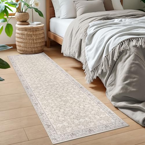 2x6 Grey Begie Washable Runner Rug for Hallways, Soft Neutral Vintage Kitchen Rugs with Non-Slip, Non-Shedding Distressed Floral Rug for Bedroom Kitchen Porch Laundry Entryway