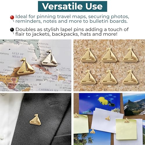 Image of Sailboat Push Pins - Gold Sailing Pins - for Cork Board, Maps, or Lapel Pin Use - Designed in USA - Set of 20