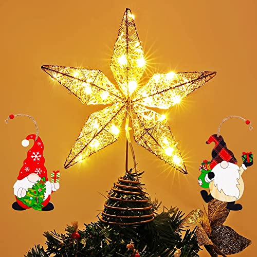 10-inch Golden Christmas Tree Toppers Star w/ 2 Santa Claus Pendants, Autotreasure Tree Star Battery Operated w/ 25 Flashing LED, Glittered Home Decor, Xmas Present for Mom