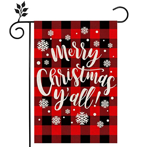 Whaline Christmas Garden Flag Merry Christmas Y'all Garden Flag Double Sided Red Black Buffalo Plaid Yard Flag Farmhouse Outdoor Burlap Flag Xmas Banner Lawn Winter Holiday Decoration, 12.5 x 18 Inch