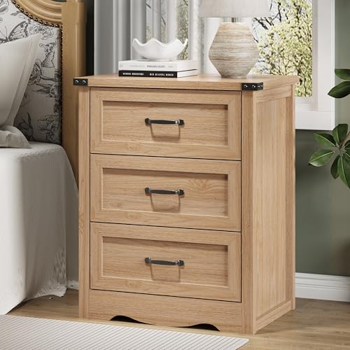 Image of Nightstand with 3 Drawers, 24 inch Wide Farmhouse Bedside End Table, Rustic Wood Side Table Night Stand with Mental Handle, Tall Modern Small Dresser Chest of Drawers for Bedroom, Living Room, Dorm, Oak