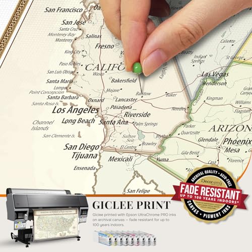 Image of DECORARTS - Large Personalized Push Pin Travel Map USA, Custom Name, Pin Board Canvas Wall Art, Colorful United States Decor, Optional Wood Frame, Giclee Print, Handcrafted in USA, 35x28''
