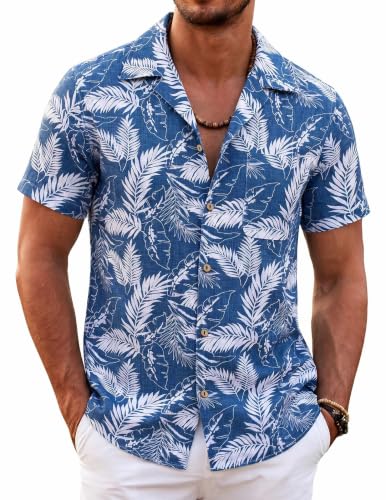 Coofandy Camisas Hawaianas Florales para Hombre, algodón y Lino, con Botones, Tropicales, para Vacaciones, Playa, Hoja de Palma Azul, Medium