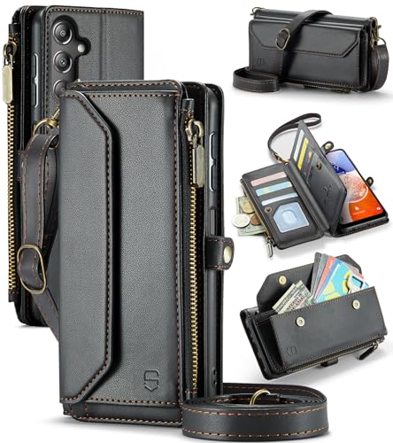 Strapurs Crossbody for Samsung Galaxy A14 5G Wallet Case?RFID Blocking? with 10-Card Holder Zipper Bills Slot, Soft PU Leather Magnetic Shoulder Strap for Galaxy A14 Phone Case Wallet for Women,Black