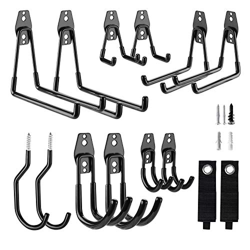 Pretigo Garage Storage Hooks 14pcs Garage Hooks with Storage Straps, Tool Hangers,Garage Storage Utility Hooks for Ladders Garage Hooks for Garden Tool Power Tools, Bikes, Ropes, Hose