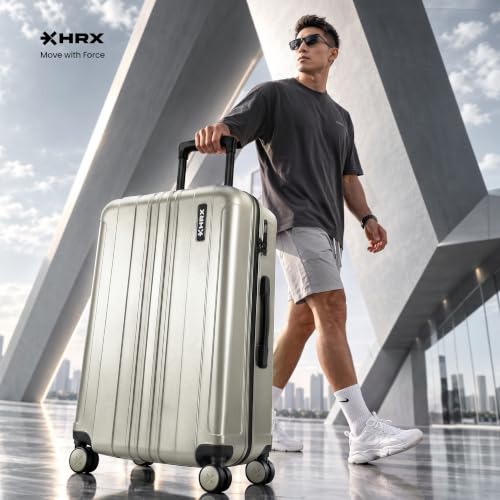 Image of HRX Force Large Size Silver Polycarbonate Hard Shell Suitcase - Premium Travel Trolley Bag with 8 Spinner Wheels, Number Lock & Water Resistant Body