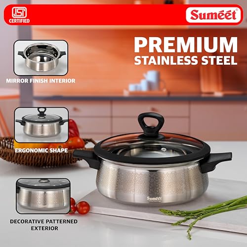 Image of Sumeet ISI Certified Stainless Steel Cook & Serve Designer Shallow Biryani Pot /Casserole with Glass Lid |Induction and Gas Compatible | Capacity - 2800ml -Dia - 23cm, Silver