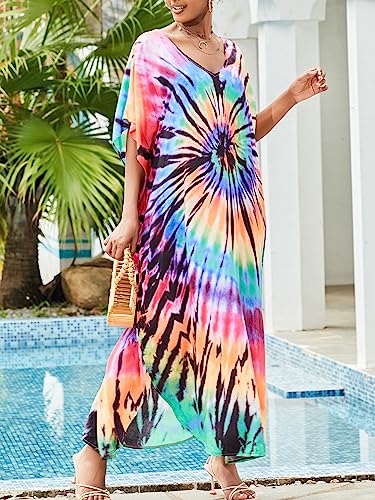 Chunoy Women Loose Lightweight Kaftan Boho Caftan Sleeve Tie Dye Striped Long Beach Cover Up Dress4