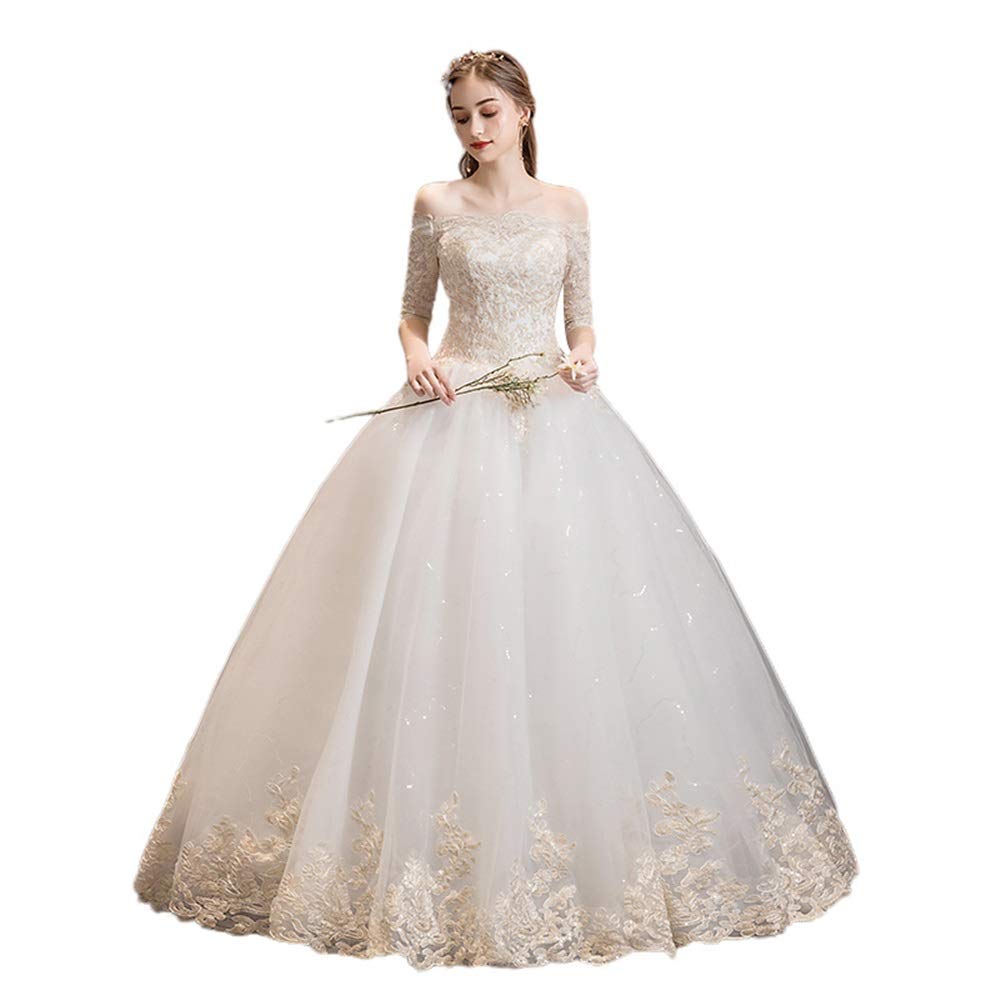 Vestido de Novia Y Dama de Honor Vestido de Noche Femenino de Manga Larga Bordado de Chiffon de Cintura Alta, Blanco, m