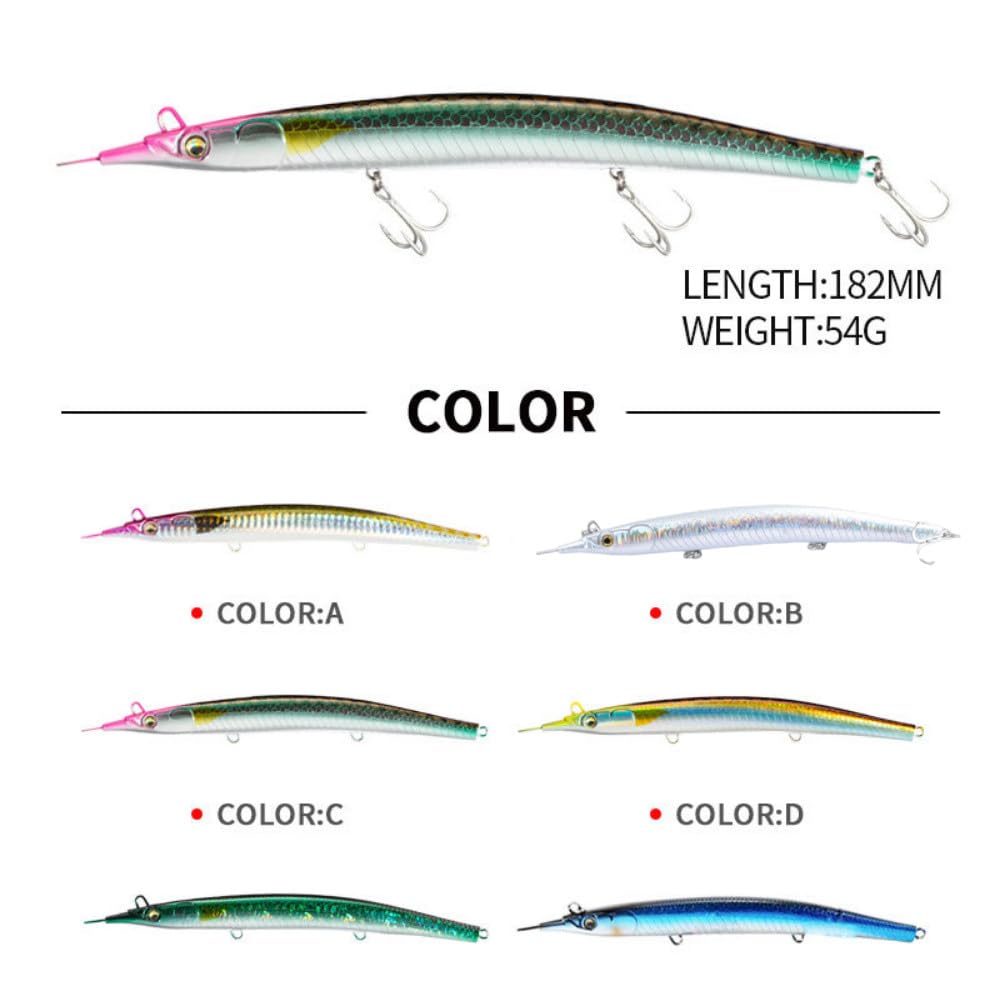 Atlantic Needlefish Jerkbait coulant avec hameçons triples pour la pêche en mer (18 cm, 64 g, 6 options de couleur)