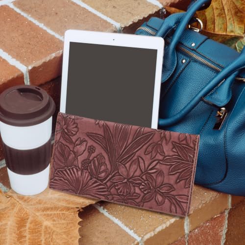 Image of CoBak Premium Leather Checkbook Cover - RFID Blocking, Classic Design, Slim & Durable - Perfect for Personal & Business Checks,Red Embossed Narcissus