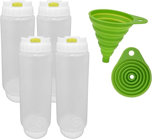 FIFO Botella exprimible recargable (paquete de 4) dispensador amarillo para la mayoría de condimentos, salsas suaves, salsa de tomate, mostaza,