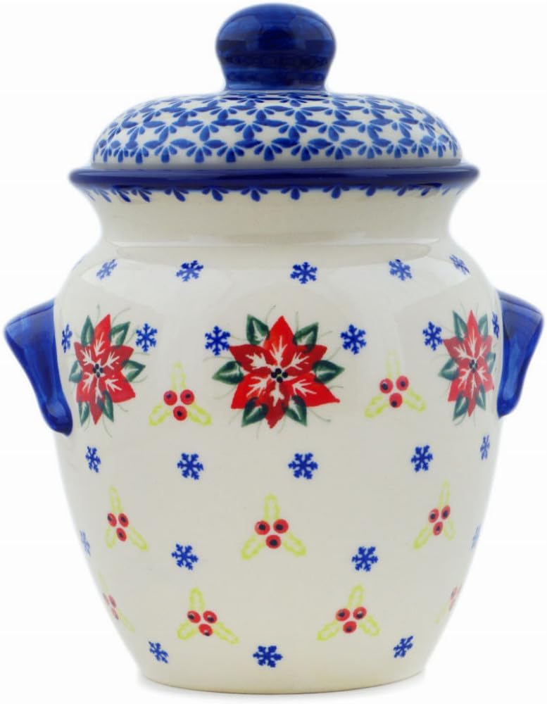 Polmedia Polish Pottery Jar with Lid and Handles - Poinsettia Charm Pattern Handmade in Boleslawiec Poland by Ceramika Bona + Certificate of Authenticity
