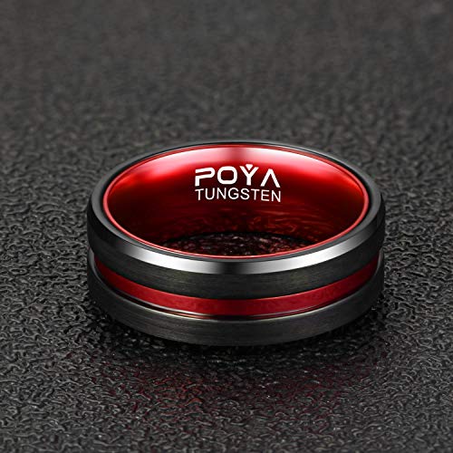 POYA TUNGSTEN Ring Mens 8mm Black Plated Wedding Band Beveled Edges with Colored Aluminum Liner Interior (Red, 11.5) - Image 4