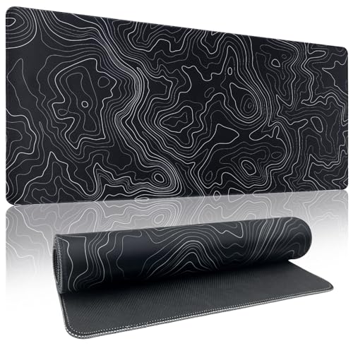 Zindoo Tapete de rato XXL tapete de secretária 900 x 400 mm topografia preta melhora a precisão e a velocidade com base de borracha antiderrapante e bordas costuradas para escritório, estúdio, jogos