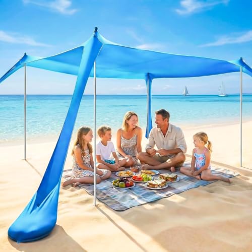 Beach Tent Canopy UPF50+ Protection, 10x10FT Beach Shade Sun Shelter Pop Up with 4 Stability Poles, Sandbags, Sand Shovels, Ground Pegs, Carrying Bag for Outdoor Family Camping Fishing Picnics