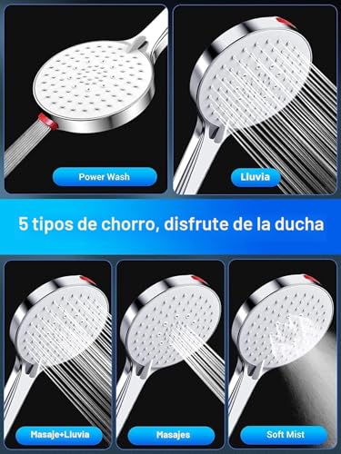 Miniatura 4 de Srewohs Alcachofa De Ducha Con Manguera De 1,6m,Grande 125mm Chuveiro,Alta Presion, Antical,5 Tipos,Función De Pistola Pulverizadora Incorporada,Limpia Aseos Y Baños,Ahorro Cabezal Ducha