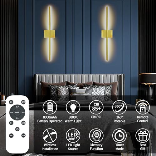 Image of Wall Sconces Set of 2 Battery Operated, 8000mAh USB Rechargeable Wall Sconce with Remote Control, 360Rotate Dimmable 3000K-6000K LED Dimmable Picture Lamp for Living Room, Bedroom, Hallway (32inch)