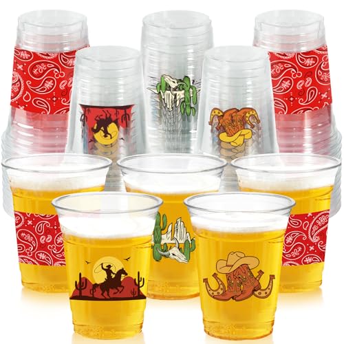 CUPLOOV 50Pcs Western Cowboy Plastic Cups 12 OZ Disposable Cowboy Themed Drinking Cups for Western Themed Parties Tailgate Events Christmas Wedding Birthday Rodeo Party Supplies Decorations Favors