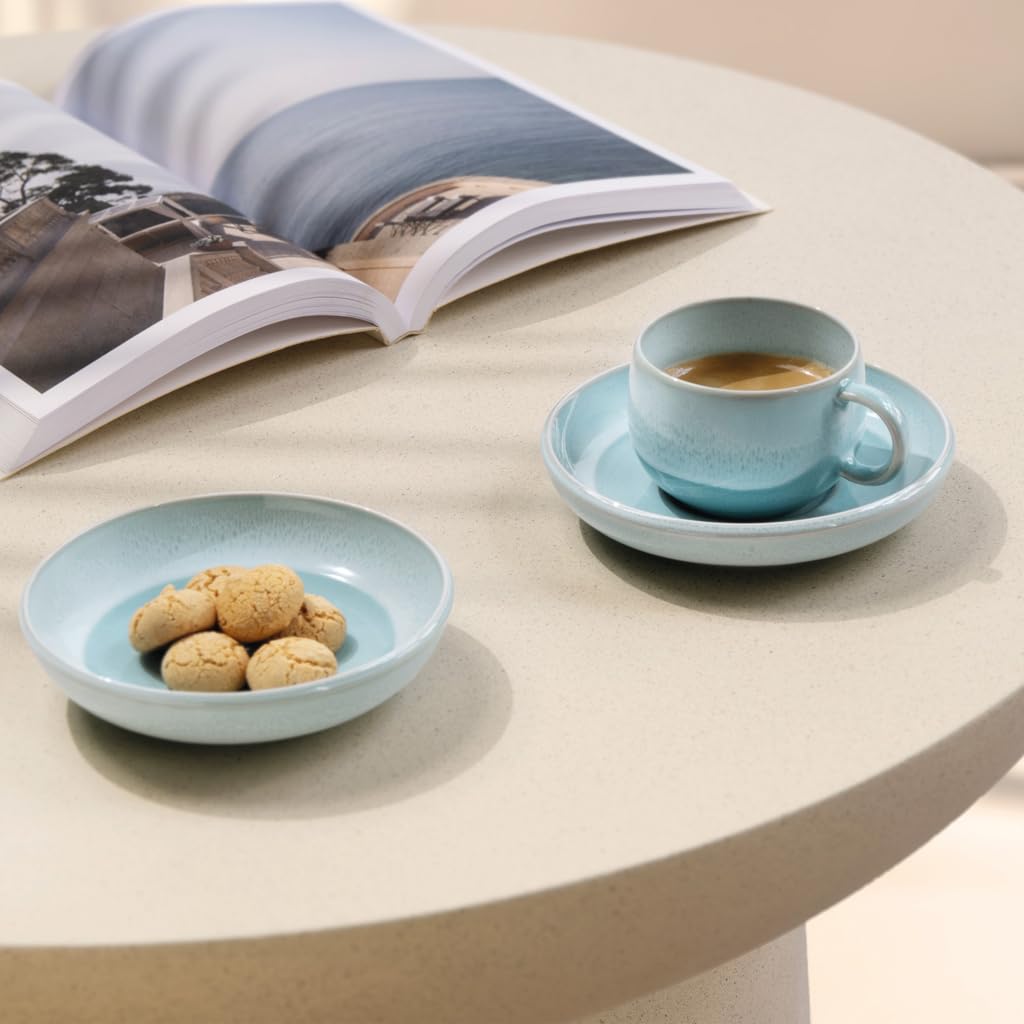 like. by Villeroy & Boch Perlemor Aqua Espressotassen mit Untertassen 60 ml 6er Set, Blau, spülmaschinenfest & mikrowellensicher, Effektglasur im Pottery-Look, Set für 6 Personen, Premium Porzellan