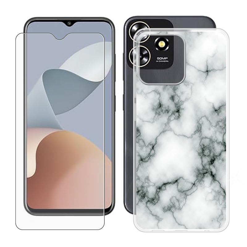 IJTYHF Cover for ZTE Blade A73 (6.52 inch) Case + Screen Protector?Tempered Glass 9H Hardness Protective Film and Soft Silicone Bumper Shell Transparent TPU Phone case -Marble