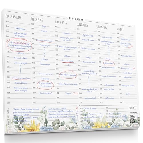 Planner Semanal com Horário A4 – Organização Semanal, Agenda de Mesa com Estampa Floral, 50 Folhas