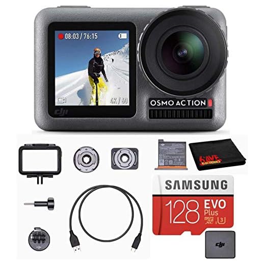DJI OSMO Action Cam Digital Camera Bundle with 2 Displays 36FT/11M Waterproof 4K HDR-Video 12MP 145° Angle, 128gb Micro SD Card, Card Reader, Must Have Accessories