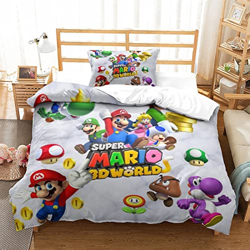 3D Mario Bros Funda Nórdica, Microfibra Juego De Mario Funda Edredón Y Fundas De Almohada, con Cremallera, Apto para Adolescentes Y Adultos Single(135x200cm)