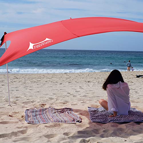 ZiggyShade Family Beach Sunshade – Lightweight Sun Shade Tent with Sandbag Anchors & 4 Free Pegs | UPF50+ UV Quality Lycra Fabric | Large & Portable | Canopy for Parks & Outdoors (Red, Jumbo) - Thumbnail 3