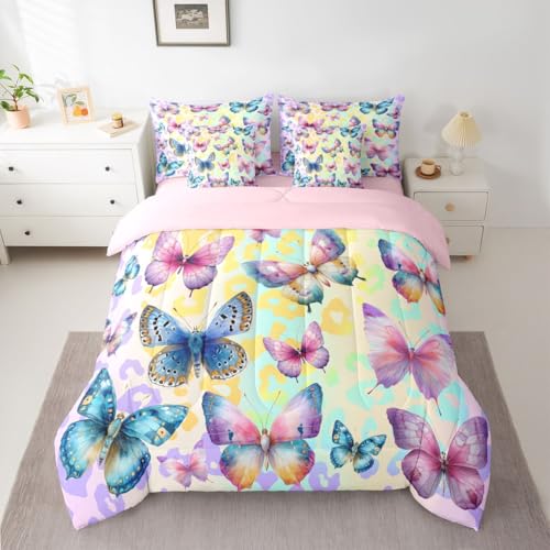 Image of 3D Flying Butterfly 7 Pcs Bedding Set Twin,Gradient Leopard Print Bed in a Bag,Colorful Butterflies Bed Set Includes Comforter,Sheet Set,Pillowcases & Pillow Covers,Cottagecore Wildlife Bedroom Decor