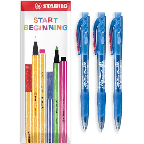 STABILO marathon Druckkugelschreiber, feine 0,7 mm Spitze, Blau, 3 Stück
