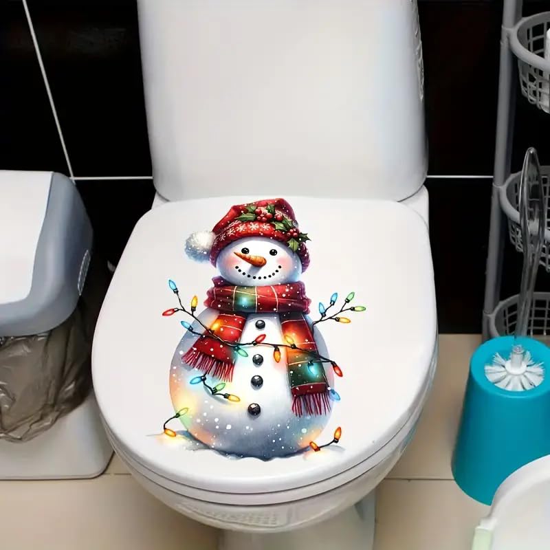 Merry Christmas Snowman Lights Toilet Cover Sticker Decals, Tortoise Seaseed Fish Ocean Waterproof Toilet Lid Tank Seat Decals Cistern Self-Adhesive Bathroom Wall Sticker