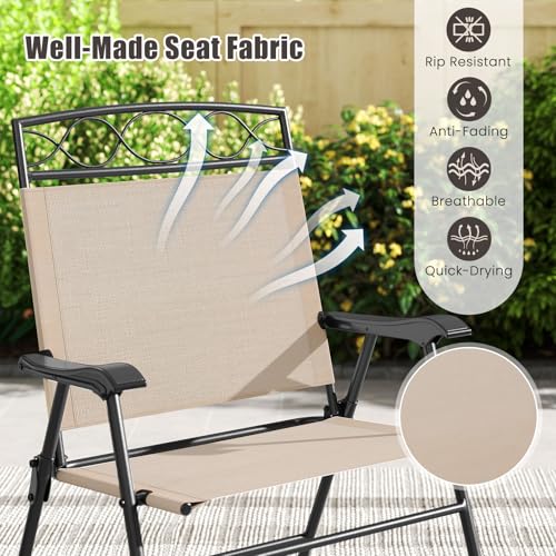 Image of Giantex Set of 4 Patio Folding Chairs, Outdoor Dining Chairs for Camping, Beach, Backyard, Deck, Portable Dining Chair w /Armrest and Metal Frame, Beige